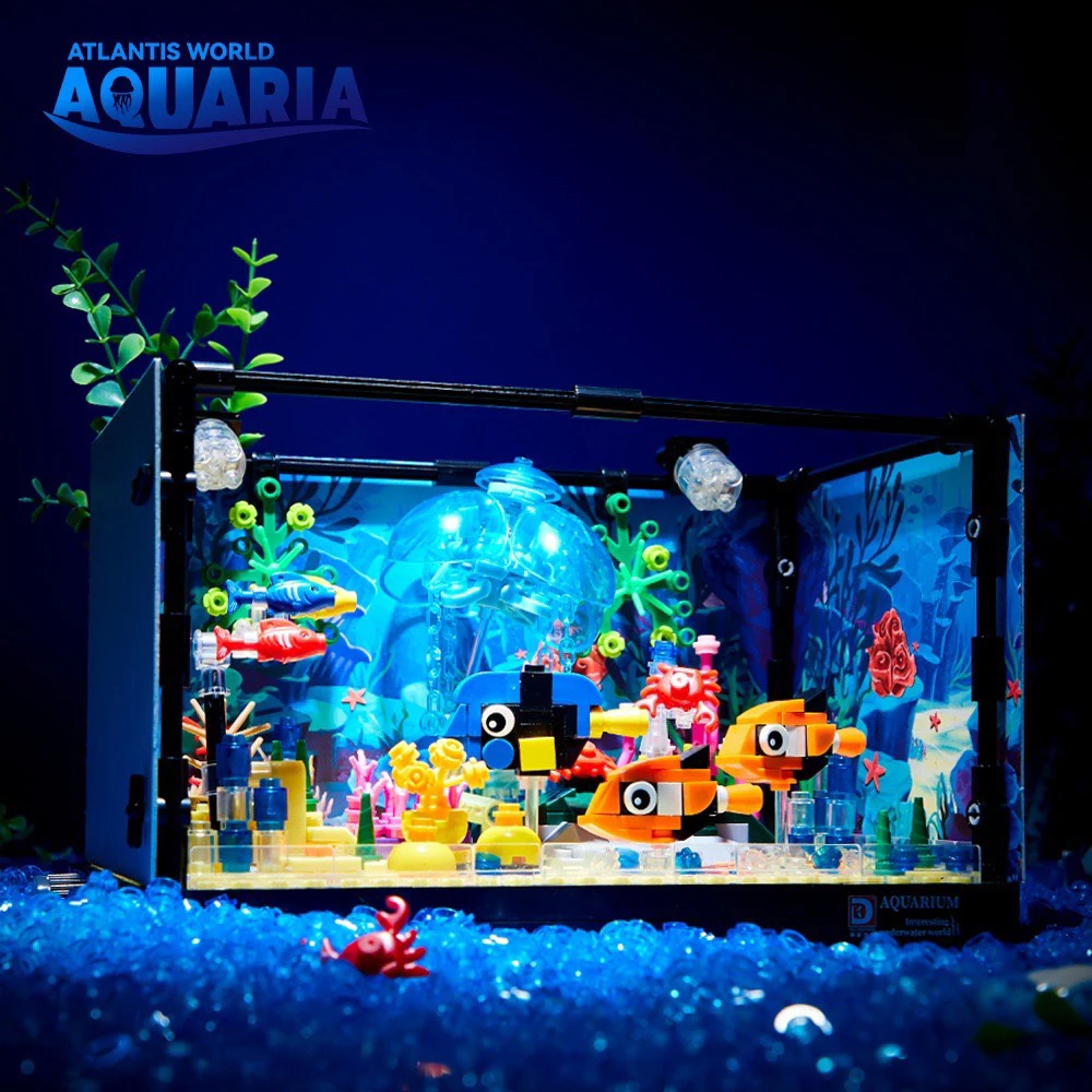 Marine Aquarium Tanks - ชุดตัวต่อสร้างสรรค์รูปสัตว์ทะเลในตู้ปลา ของเล่นตัวต่อโมเดลตู้ปลาสำหรับเด็ก พร้อมไฟ LED ของขวัญ MOC