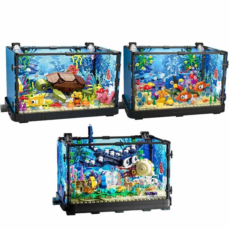 Marine Aquarium Tanks - ชุดบล็อกตัวต่อตู้ปลาพร้อมไฟ，ตู้ปลา，เต่าทะเล，ของเล่นตัวต่อสำหรับเด็กอายุ 14 ปีขึ้นไป，ของขวัญ，ของตกแต่งบ้าน